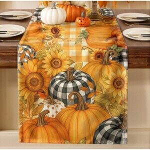 Pumpkin Plaid Fall Table Runner - 13"×72" Thanksgiving Bird Sunflower NEW